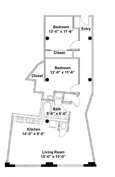 Floor plan for 2 beds, 1 bath, 1168 sqft